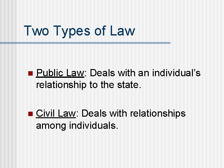 Two Types of Law n Public Law: Deals with an individual’s relationship to the