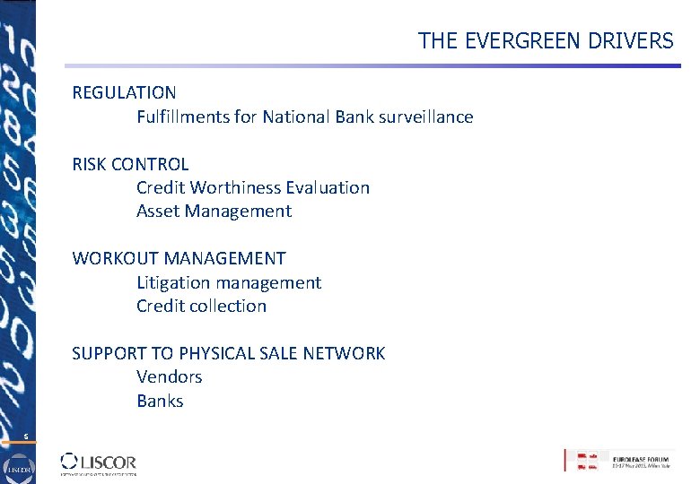 THE EVERGREEN DRIVERS REGULATION Fulfillments for National Bank surveillance RISK CONTROL Credit Worthiness Evaluation