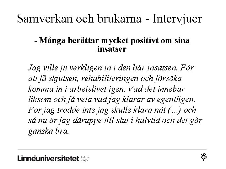 Samverkan och brukarna - Intervjuer - Många berättar mycket positivt om sina insatser Jag