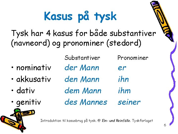 Kasus på tysk Tysk har 4 kasus for både substantiver (navneord) og pronominer (stedord)