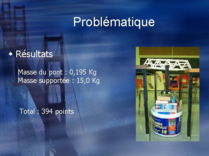 Problématique w Résultats Masse du pont : 0, 195 Kg Masse supportée : 15,
