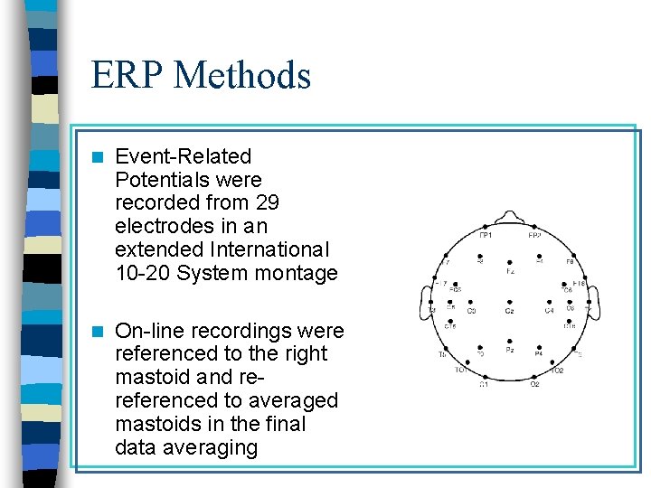 ERP Methods n Event-Related Potentials were recorded from 29 electrodes in an extended International