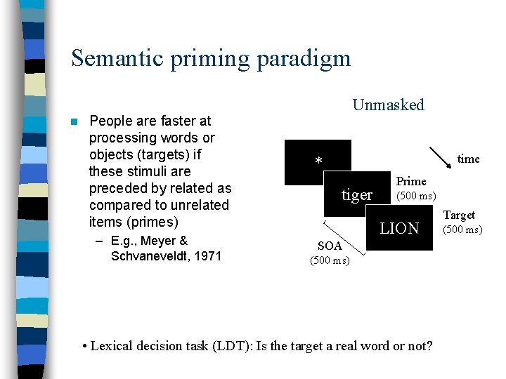 Semantic priming paradigm n People are faster at processing words or objects (targets) if