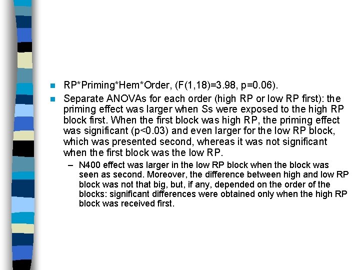 RP*Priming*Hem*Order, (F(1, 18)=3. 98, p=0. 06). n Separate ANOVAs for each order (high RP