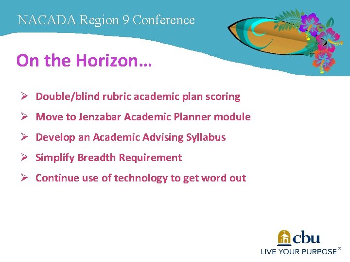 NACADA Region 9 Conference On the Horizon… Ø Double/blind rubric academic plan scoring Ø