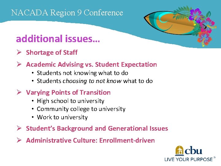 NACADA Region 9 Conference additional issues… Ø Shortage of Staff Ø Academic Advising vs.