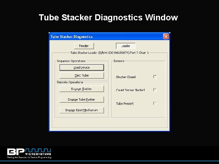 Tube Stacker Diagnostics Window 