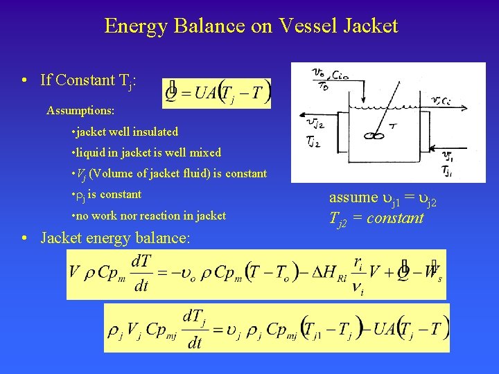 Energy Balance on Vessel Jacket • If Constant Tj: Assumptions: • jacket well insulated