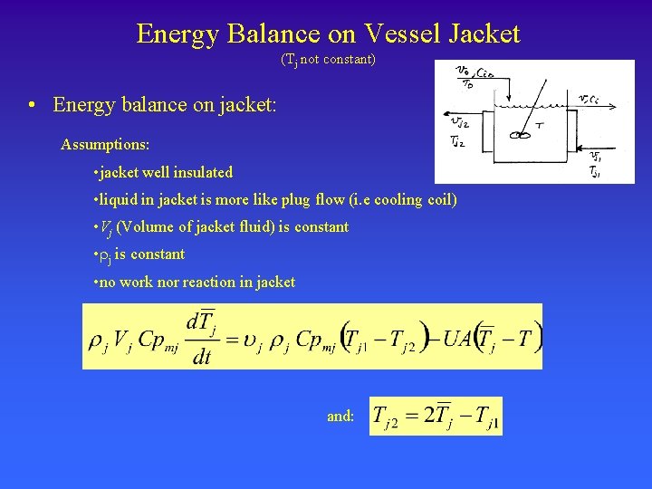 Energy Balance on Vessel Jacket (Tj not constant) • Energy balance on jacket: Assumptions: