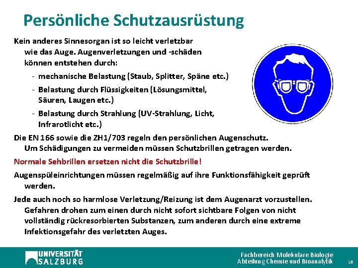 Persönliche Schutzausrüstung Kein anderes Sinnesorgan ist so leicht verletzbar wie das Augenverletzungen und -schäden