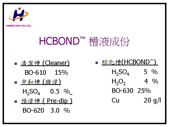 HURRICANE CO. LTD. , HCBOND™ 槽液成份 n n n 清潔槽 (Cleaner) BO-610 15% 中和槽