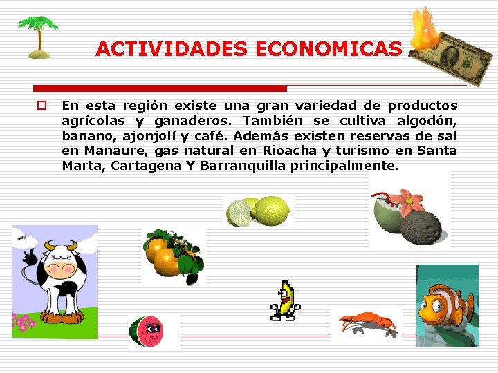 ACTIVIDADES ECONOMICAS o En esta región existe una gran variedad de productos agrícolas y