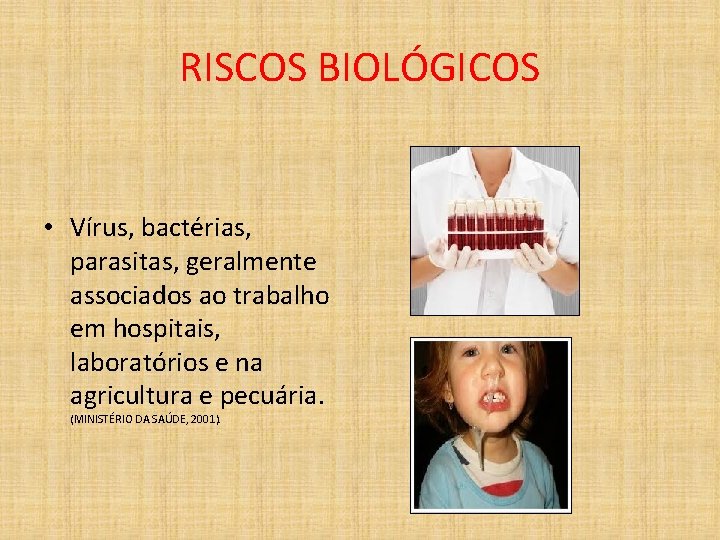 RISCOS BIOLÓGICOS • Vírus, bactérias, parasitas, geralmente associados ao trabalho em hospitais, laboratórios e