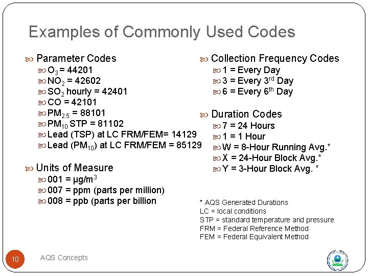 Examples of Commonly Used Codes Collection Frequency Codes Parameter Codes 1 = Every Day