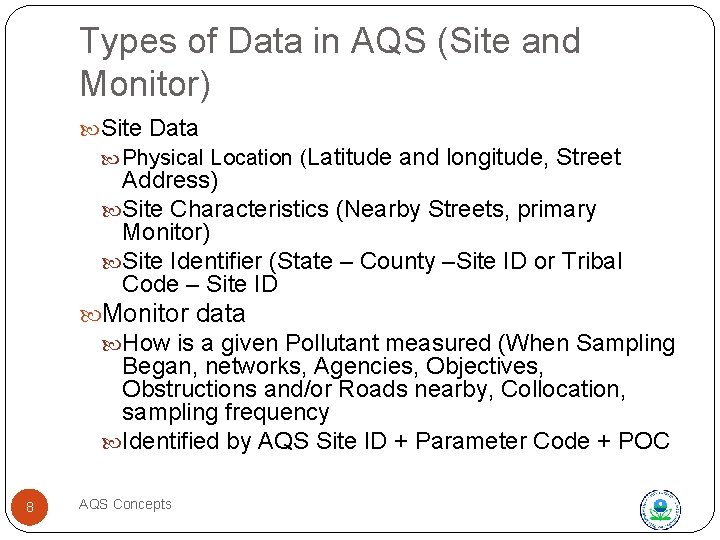 Types of Data in AQS (Site and Monitor) Site Data Physical Location (Latitude and
