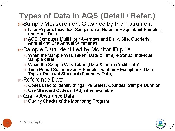 Types of Data in AQS (Detail / Refer. ) Sample Measurement Obtained by the