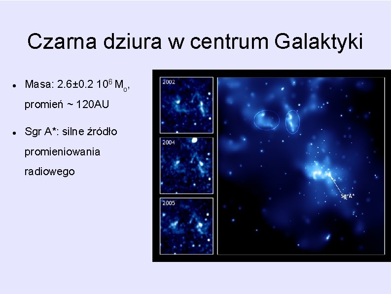 Czarna dziura w centrum Galaktyki Masa: 2. 6± 0. 2 106 Mo, promień ~ Czarna dziura w centrum Galaktyki Masa: 2. 6± 0. 2 106 Mo, promień ~