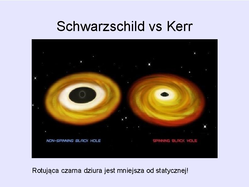 Schwarzschild vs Kerr Rotująca czarna dziura jest mniejsza od statycznej! Schwarzschild vs Kerr Rotująca czarna dziura jest mniejsza od statycznej!