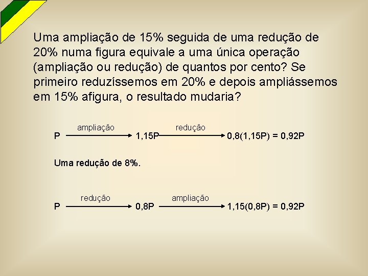 Uma ampliação de 15% seguida de uma redução de 20% numa figura equivale a
