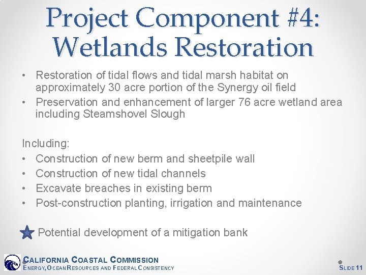 Project Component #4: Wetlands Restoration • Restoration of tidal flows and tidal marsh habitat