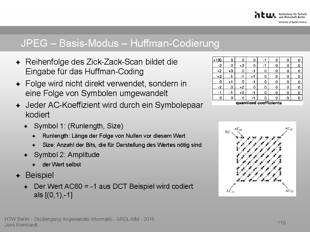 JPEG – Basis-Modus – Huffman-Codierung ✦ ✦ ✦ Reihenfolge des Zick-Zack-Scan bildet die Eingabe