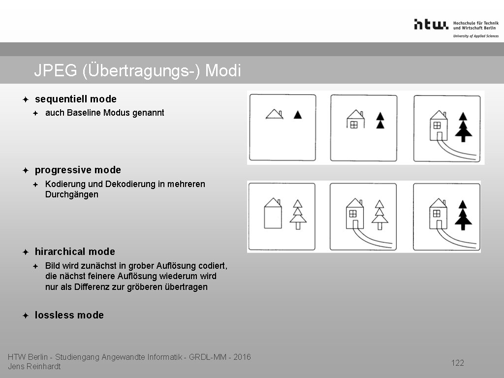 JPEG (Übertragungs-) Modi ✦ sequentiell mode ✦ ✦ progressive mode ✦ ✦ Kodierung und