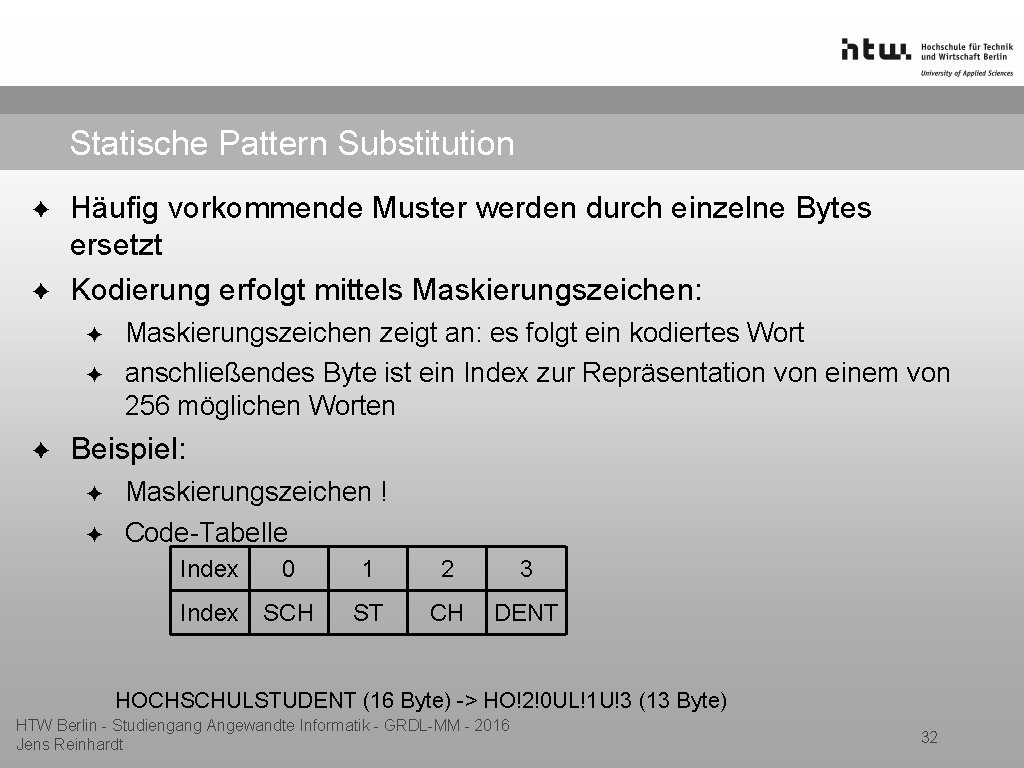 Statische Pattern Substitution ✦ ✦ Häufig vorkommende Muster werden durch einzelne Bytes ersetzt Kodierung