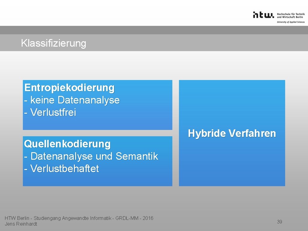 Klassifizierung Entropiekodierung - keine Datenanalyse - Verlustfrei Quellenkodierung - Datenanalyse und Semantik - Verlustbehaftet