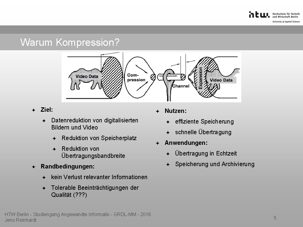 Warum Kompression? ✦ Ziel: ✦ Datenreduktion von digitalisierten Bildern und Video ✦ ✦ Reduktion