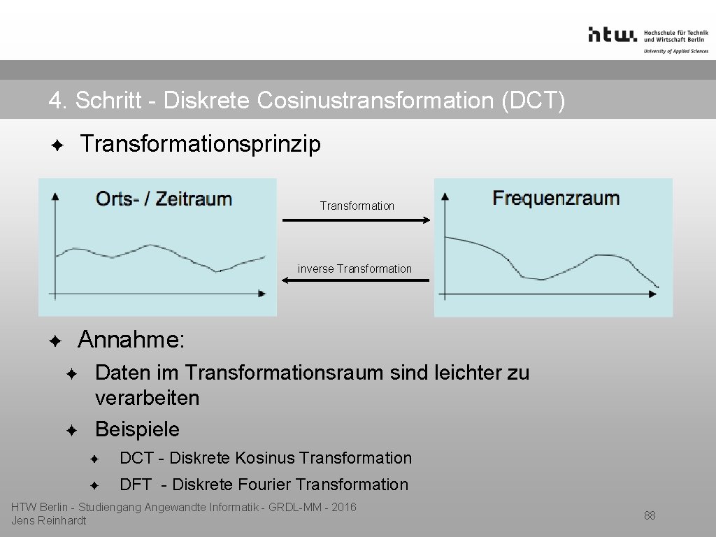 4. Schritt - Diskrete Cosinustransformation (DCT) Transformationsprinzip ✦ Transformation inverse Transformation ✦ Annahme: ✦