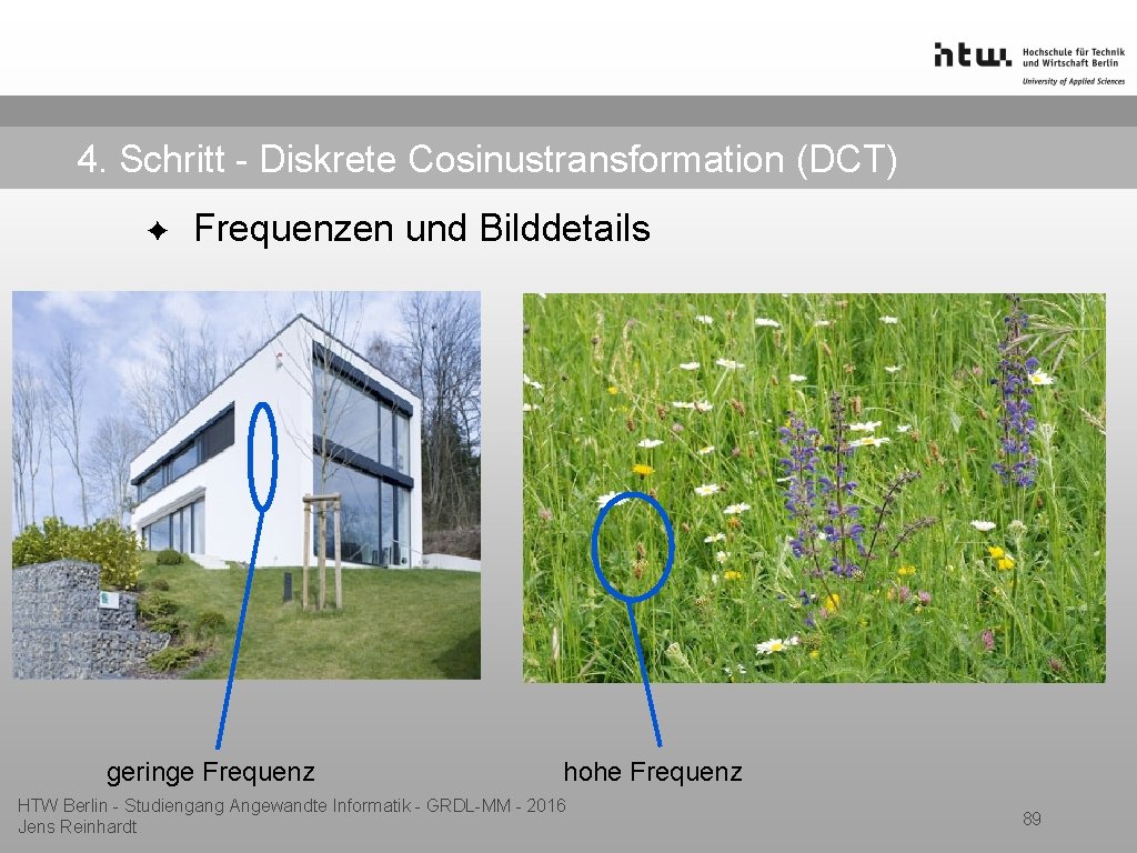 4. Schritt - Diskrete Cosinustransformation (DCT) ✦ Frequenzen und Bilddetails geringe Frequenz hohe Frequenz