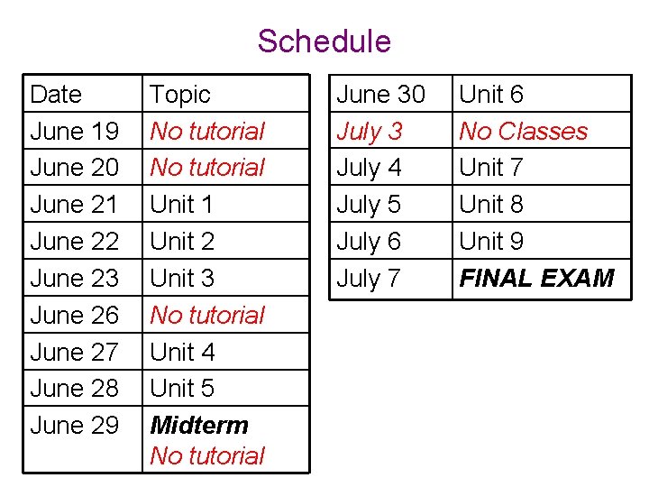 Schedule Date June 19 June 20 June 21 June 22 June 23 June 26