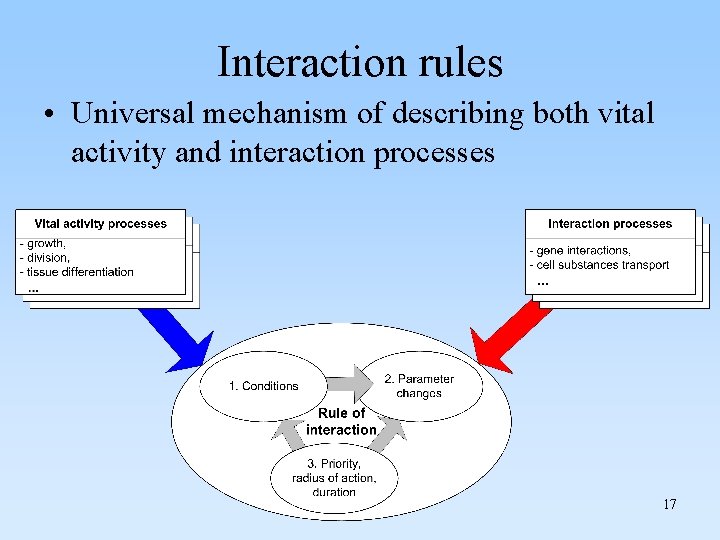 Interaction rules • Universal mechanism of describing both vital activity and interaction processes 17