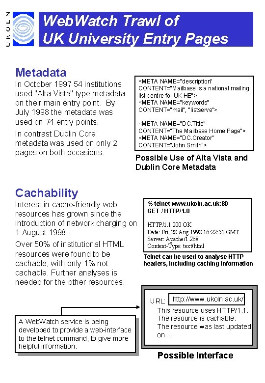 Web. Watch Trawl of UK University Entry Pages Metadata <META NAME="description" CONTENT="Mailbase is a