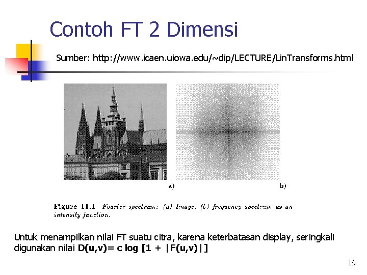 Contoh FT 2 Dimensi Sumber: http: //www. icaen. uiowa. edu/~dip/LECTURE/Lin. Transforms. html Untuk menampilkan