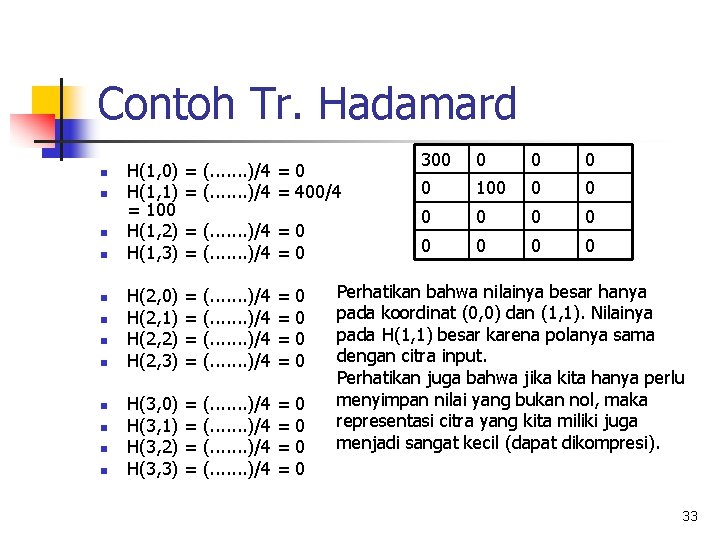 Contoh Tr. Hadamard n n n H(1, 0) H(1, 1) = 100 H(1, 2)