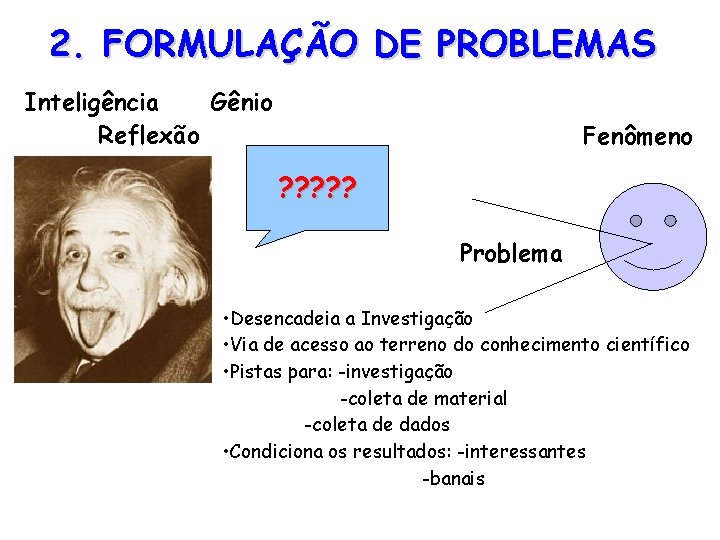 2. FORMULAÇÃO DE PROBLEMAS Inteligência Gênio Reflexão Fenômeno ? ? ? Problema • Desencadeia