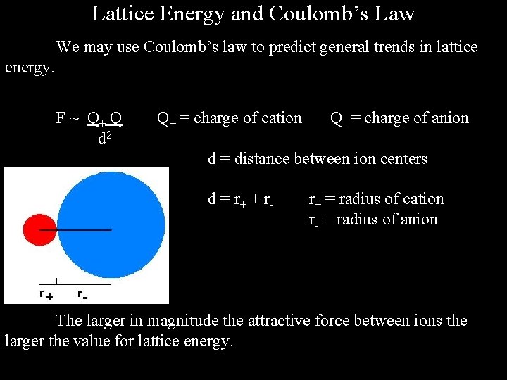 Lattice Energy and Coulomb’s Law We may use Coulomb’s law to predict general trends