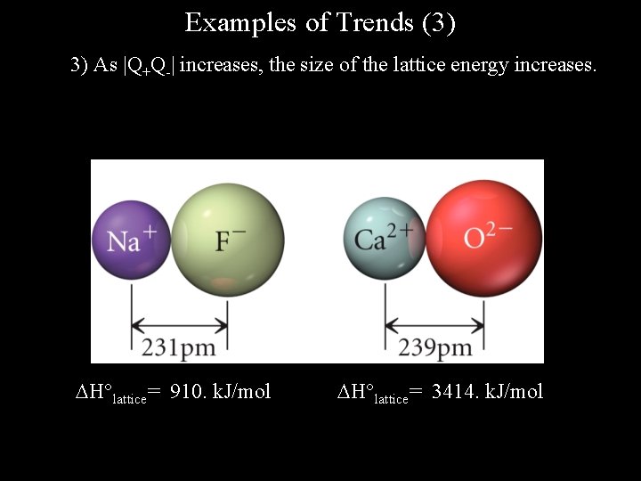 Examples of Trends (3) 3) As |Q+Q-| increases, the size of the lattice energy