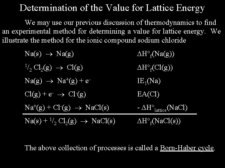 Determination of the Value for Lattice Energy We may use our previous discussion of