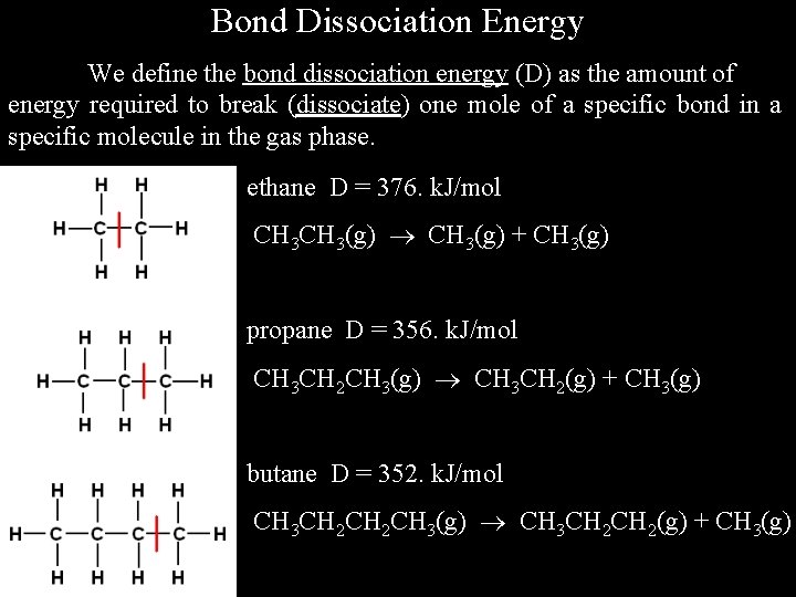 Bond Dissociation Energy We define the bond dissociation energy (D) as the amount of