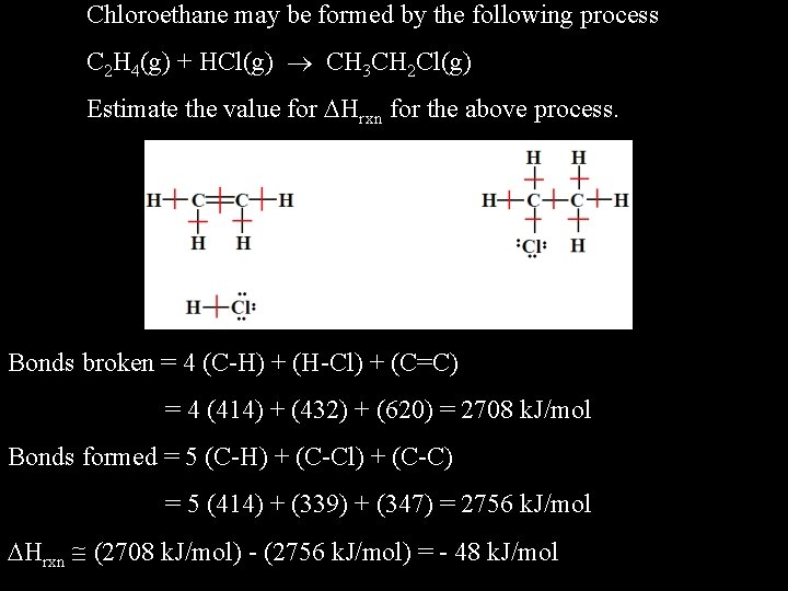 Chloroethane may be formed by the following process C 2 H 4(g) + HCl(g)