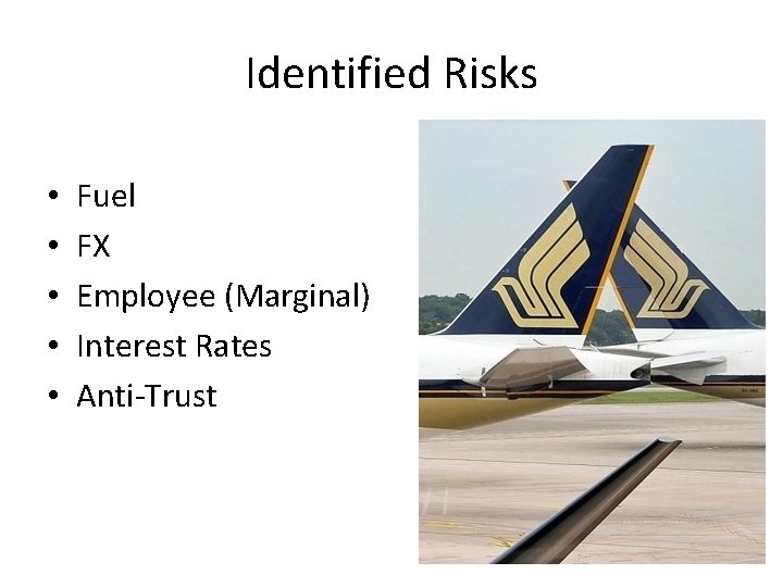 Identified Risks • • • Fuel FX Employee (Marginal) Interest Rates Anti-Trust 