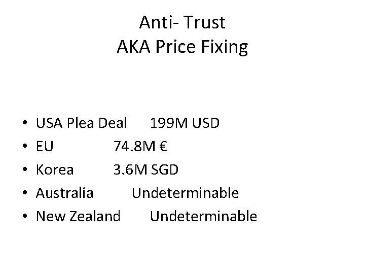 Anti- Trust AKA Price Fixing • • • USA Plea Deal 199 M USD