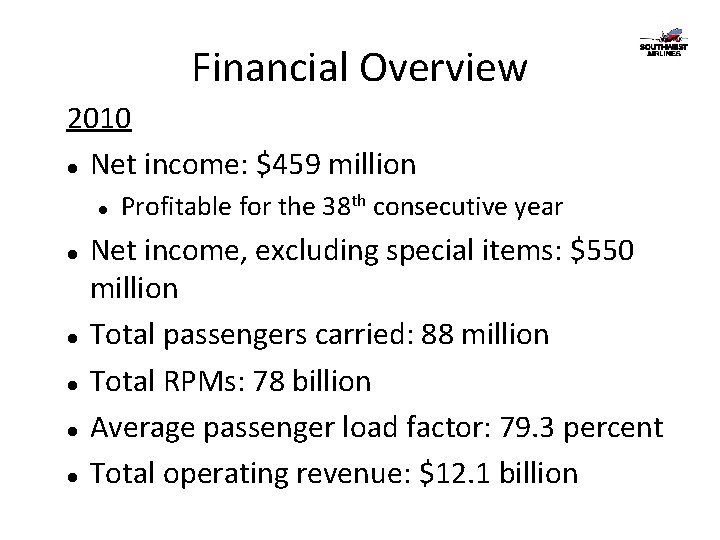 Financial Overview 2010 Net income: $459 million Profitable for the 38 th consecutive year