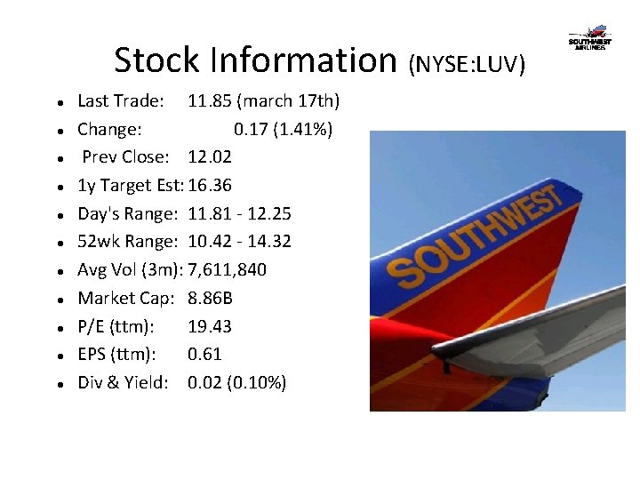 Stock Information (NYSE: LUV) Last Trade: 11. 85 (march 17 th) Change: 0. 17