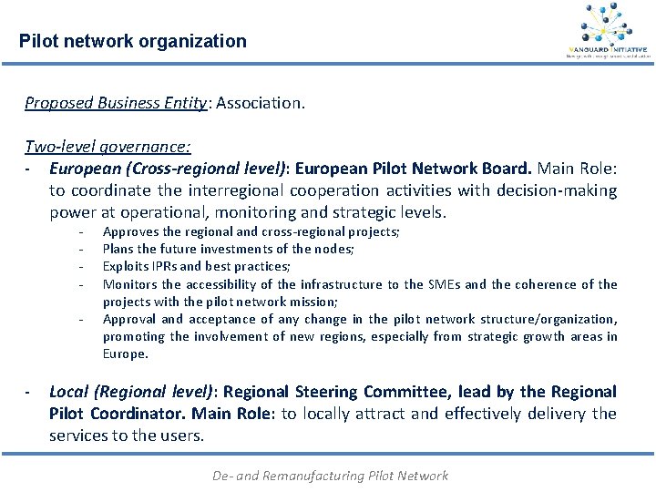 Pilot network organization Proposed Business Entity: Association. Two-level governance: ‐ European (Cross-regional level): European