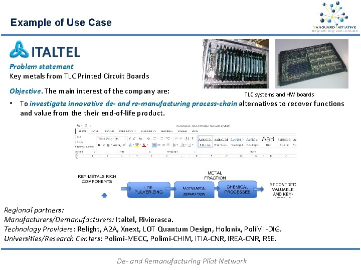 Example of Use Case Problem statement Key metals from TLC Printed Circuit Boards Objective.