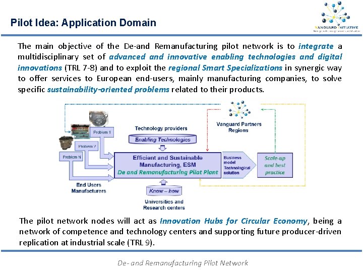 Pilot Idea: Application Domain The main objective of the De‐and Remanufacturing pilot network is