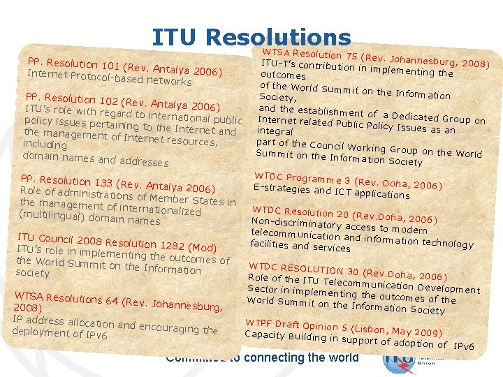 ITU Resolutions WTSA Res PP. Resolution 10 1 (Rev. Antalya 2 006) Internet Protocolbased